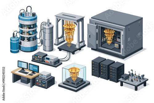 Isometric illustration of quantum computing laboratory equipment and servers