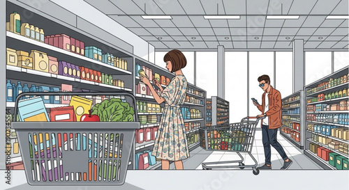 Woman shopping with cart in supermarket aisle man with cart nearby browsing products