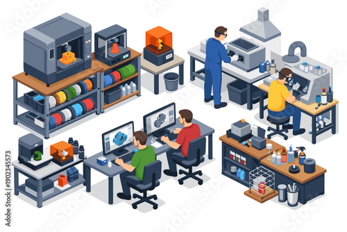 Modern 3D printing workshop with engineers designing prototypes on computers
