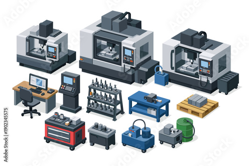 Isometric industrial machinery and equipment set for manufacturing and production