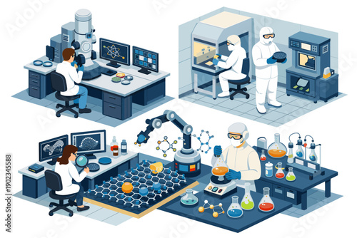 Scientists conduct advanced research in modern laboratories with high-tech equipment and robotic arms