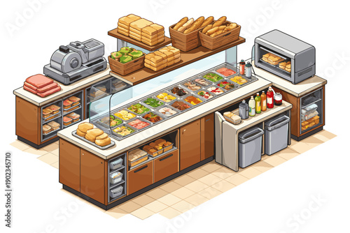 Isometric view of a deli counter with fresh ingredients, bread, and sandwich making equipment