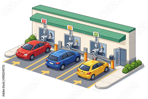 Isometric illustration of a drive-thru restaurant with cars and employees serving customers