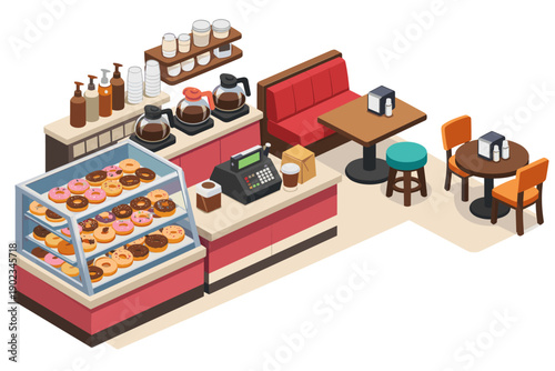 Cozy isometric donut shop interior with display case, coffee makers, and seating areas