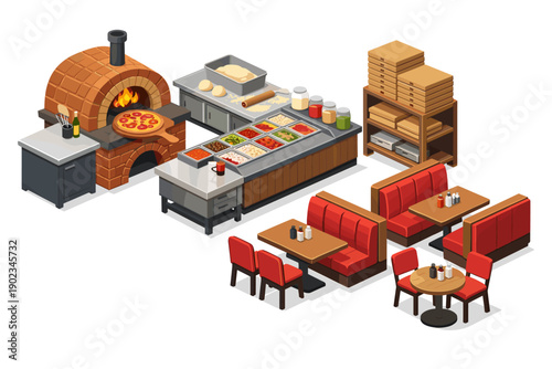 Isometric pizza restaurant interior with brick oven, prep station, and dining area