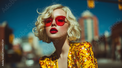 Wallpaper Mural Stylish fashion model in yellow sequined dress and red sunglasses posing in sunny urban city background.
 Torontodigital.ca