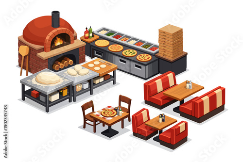 Isometric pizza restaurant kitchen and dining area with wood-fired oven and seating