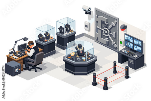 Jewelry store interior with security systems, displays, and a jeweler at work