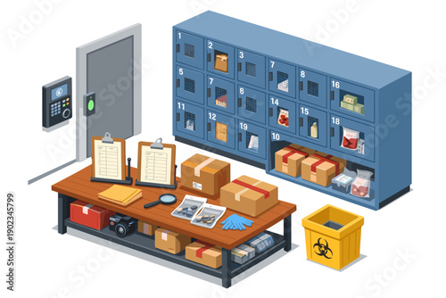 Isometric view of a secure package delivery and storage locker room with organized parcels