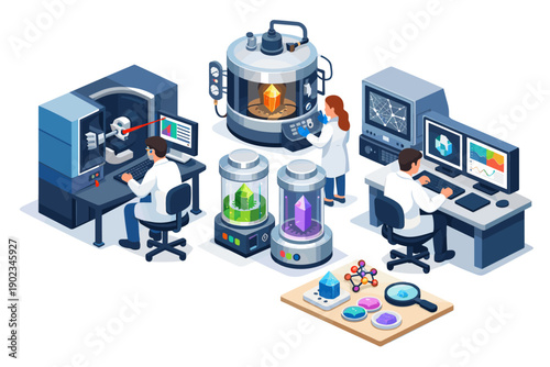Scientists conduct experiments with advanced technology and crystal research in a modern laboratory