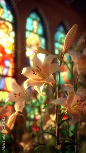 Vibrant Stained Glass Illumination on Delicate White Lilies in a