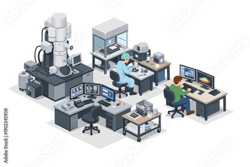 Modern laboratory with scientists working with advanced equipment and computers