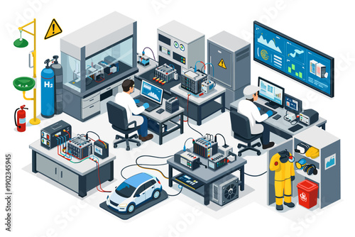 Scientists conduct research and development in a modern laboratory for electric vehicle battery technology