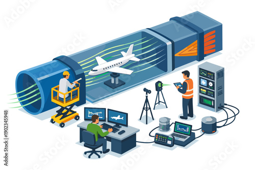 Aerodynamic testing of airplane model in wind tunnel with engineers and equipment