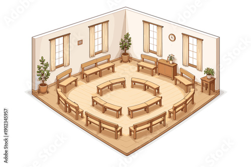 Isometric view of a waiting room with circular seating arrangement and plants