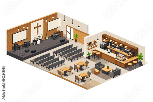 Modern church sanctuary and coffee shop interior isometric view