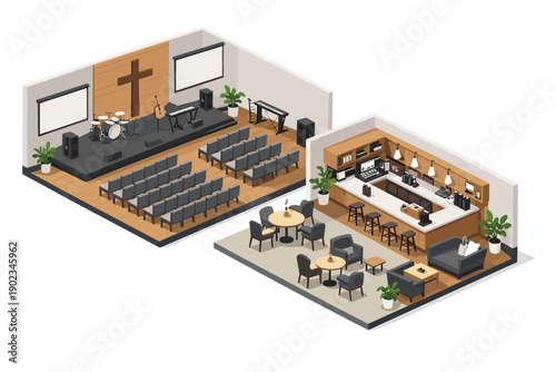 Isometric view of a church sanctuary and a modern coffee shop interior