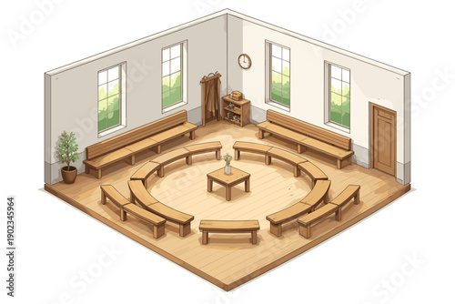 Isometric illustration of a circular meeting room with wooden benches and a central table