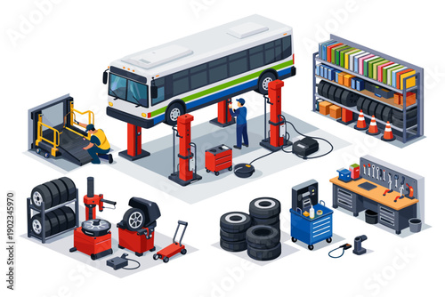Isometric illustration of a bus undergoing maintenance in a detailed auto repair shop setting