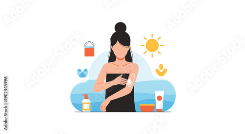 Woman Applying Sunscreen to Her Arm While Sunbathing at the Beach for Skin Care and UV Protection Concept.
