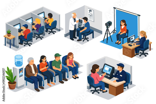 Isometric illustration of diverse people in various service and waiting areas