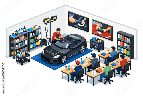 Car detailing class in session with instructor demonstrating polishing techniques on a vehicle