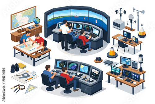 Maritime control center with teams monitoring navigation, weather, and ship traffic on screens