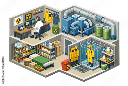 Isometric view of a secure laboratory with scientist, safety equipment, and storage