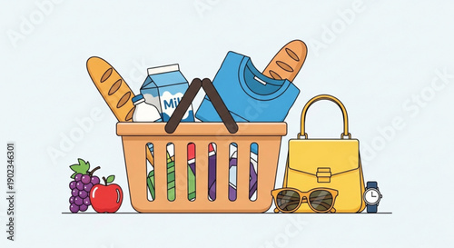 Shopping basket with fresh food and daily essentials on a clean background