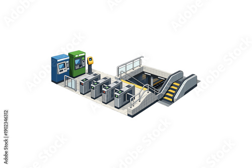 Isometric view of subway station entrance with ticket machines and turnstiles