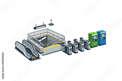 Isometric subway station entrance with escalators, turnstiles, and ticket machines