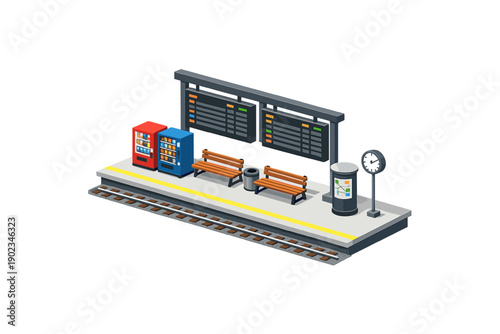 Isometric train station platform with vending machines, benches, and timetable display
