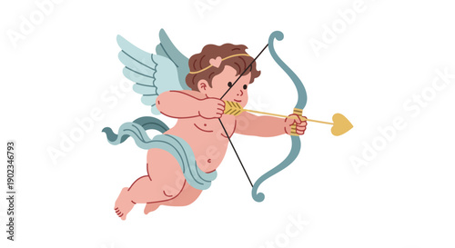 Illustration of Cupid with Bow and Arrow on White Background
