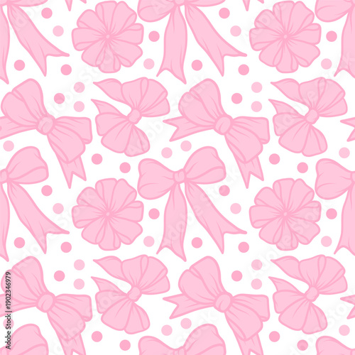 Seamless pattern with hand-drawn pink bows in cute doodle style. Background in flirty style for wrapping paper, textile print or holiday decor, vector illustration. 