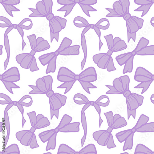 Seamless pattern with hand-drawn violet bows in cute doodle style. Background in flirty style for wrapping paper, textile print or holiday decor, vector illustration. 