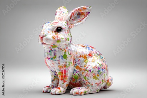 Vibrant Ceramic Sculpture of a Splatter Painted Rabbit Displaying