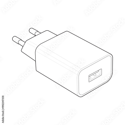 USB power adapter technical drawing wireframe mockup for electronic accessory packaging.