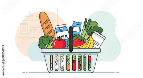 Grocery shopping basket filled with fresh produce bread milk and other healthy food items on a white background