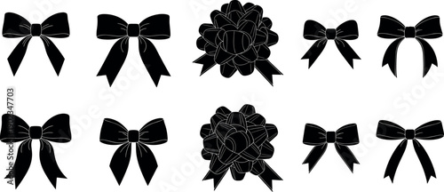Black ribbon bow silhouettes vector collection for Christmas birthday gift wrapping and decorative design elements