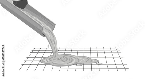 Liquid Concrete Being Poured from a Metal Chute onto a Wire Mesh Base for Building Foundation Work.