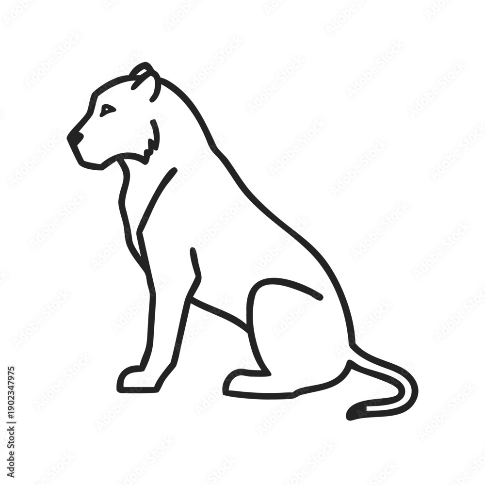Obraz premium Minimal line art lioness vector illustration in clean outline style. Full body lion sitting, side view, isolated on white background. Clean monochrome contour drawing suitable for logo,icon, branding