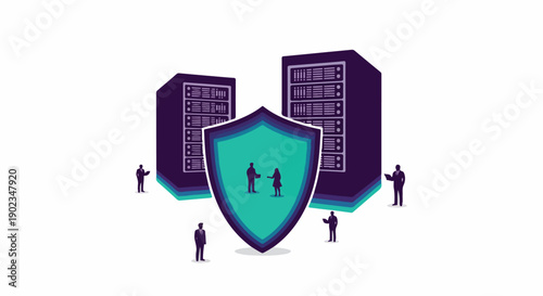 Secure data center concept with a protective shield, server infrastructure, and business professionals ensuring digital privacy and cyber defense.