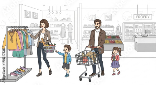 Family shopping together in a grocery store with cart and baskets