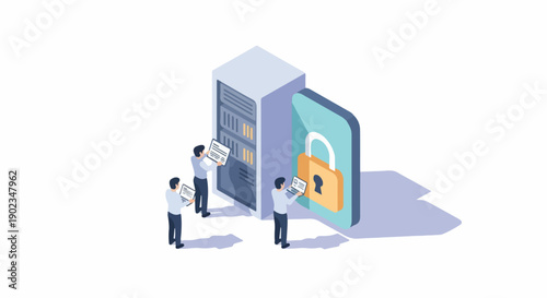 IT professionals managing and securing data servers, ensuring network protection and cybersecurity for sensitive information in a modern isometric illustration.