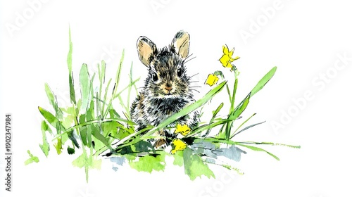 Charming Watercolor Illustration of a Young Rabbit in Lush Grass