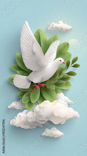 Symbolic White Dove Soaring Amidst Lush Green Foliage And Clouds