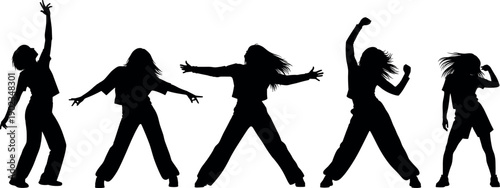 Black silhouettes of five young people dancing modern hip hop style in energetic poses on a white background vector illustration.
