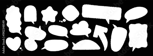 White chalk texture hand-drawn speech bubbles and textboxes. Cute doodle chat dialog frames. Cildish comic talk balloons. Japanese speech frames, dialog box bg. Speech frames with crayon texture