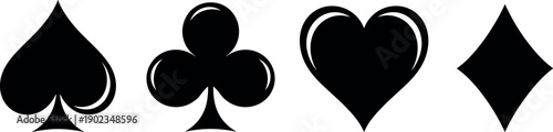 Playing card suit symbols silhouette set, spade club heart diamond icons, casino gaming vector illustration, minimalist black card symbols design