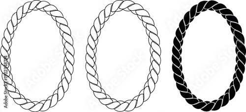 Rope oval loop illustration, twisted rope design, black and white silhouette, nautical artwork, minimal vector sketch, decorative rope pattern drawing
